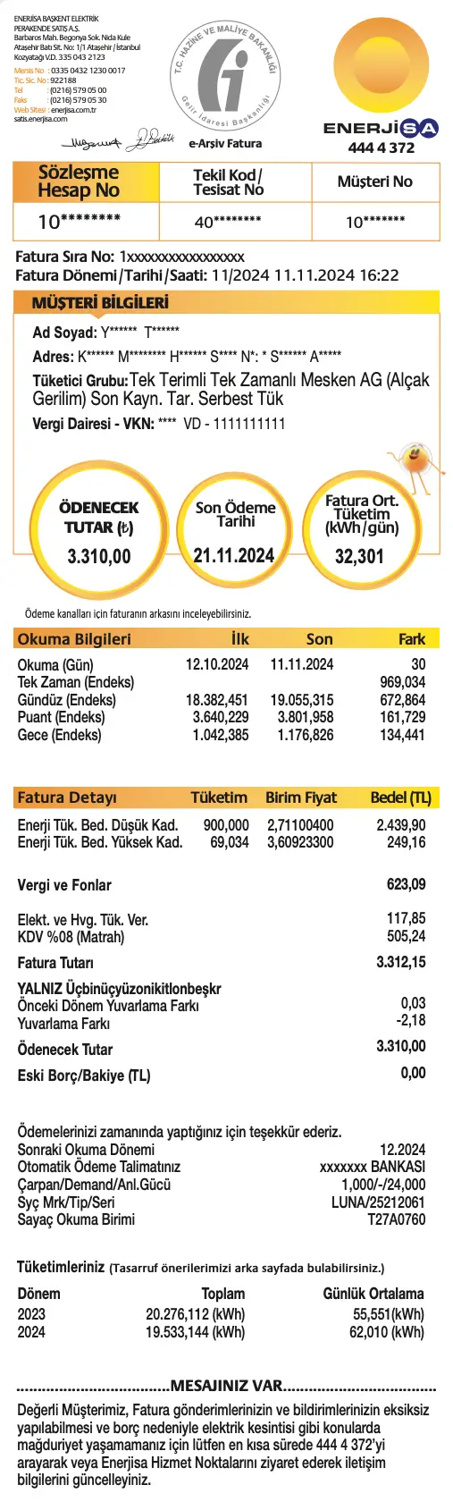 Elektrik faturasi görseli